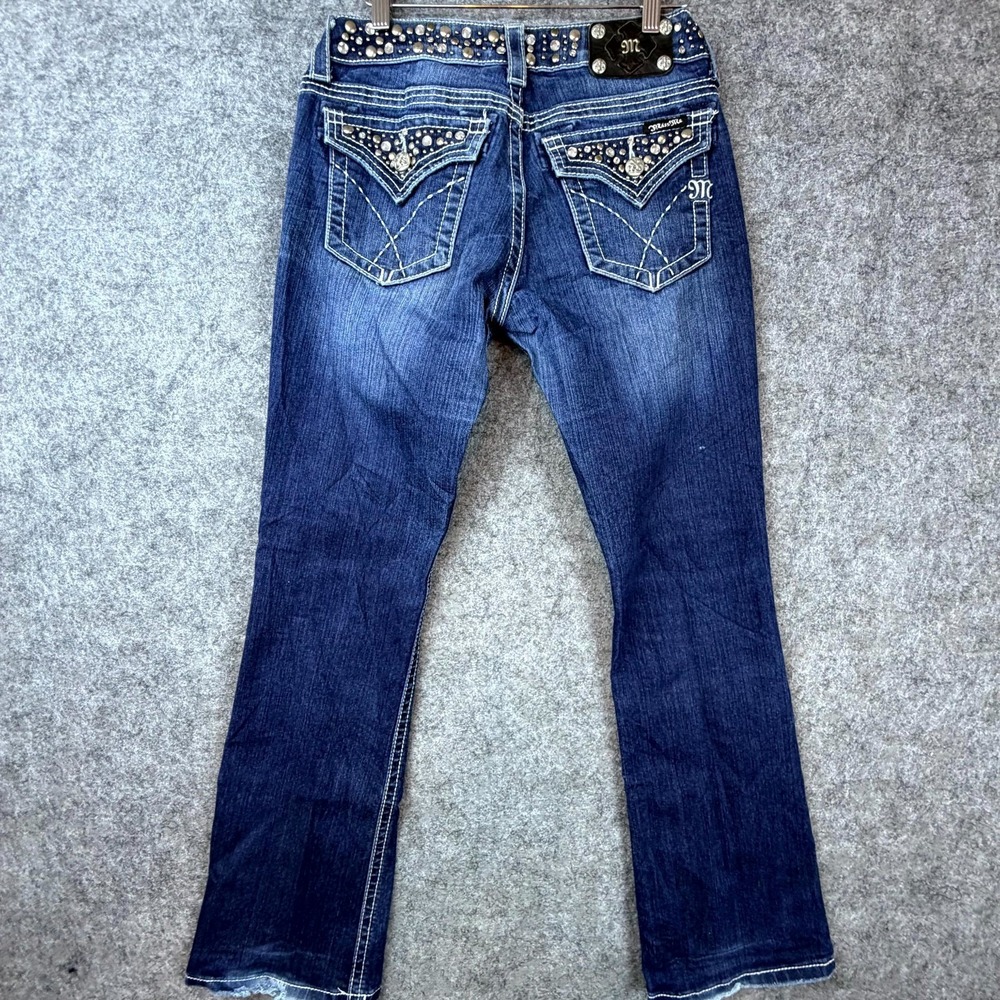 Miss Me Jeans Womens 29 Y2K Studded Rhinestone Flap Pocket Whiskering Boot Cut